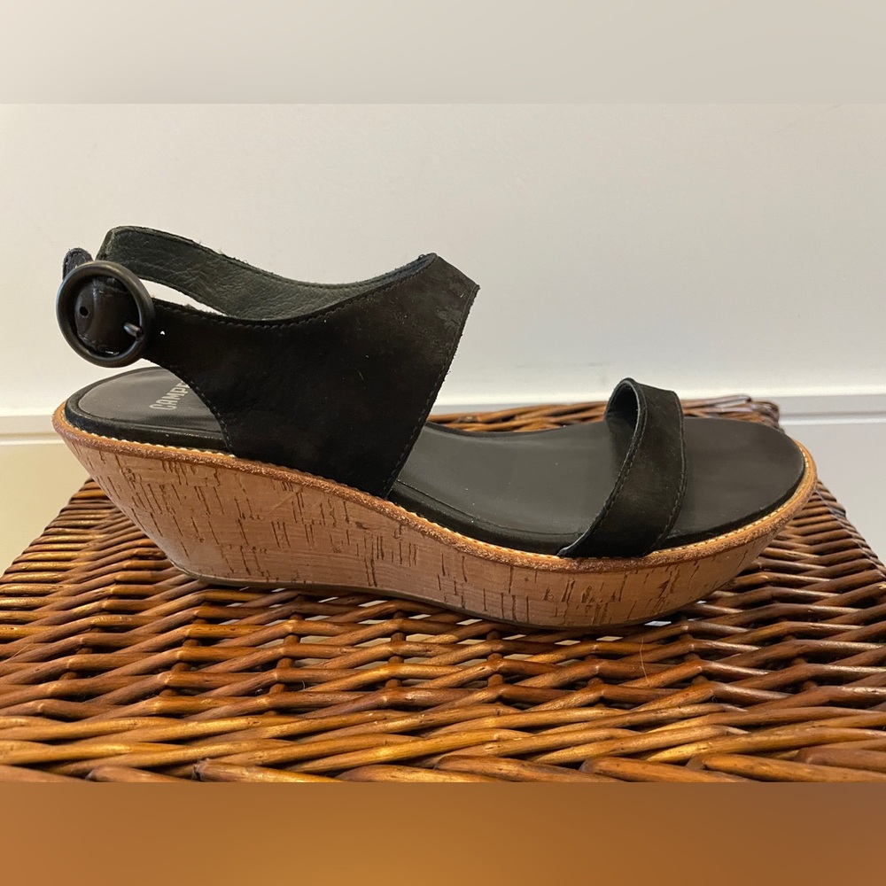 Camper Black Leather Cork Wedge Sandals – Size 38